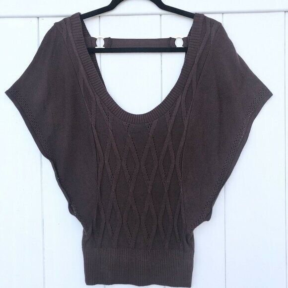 Windsor Brown Knit Sweater Top L Open Back Short Butterflies Sleeves Scoop Neck - Picture 4 of 12